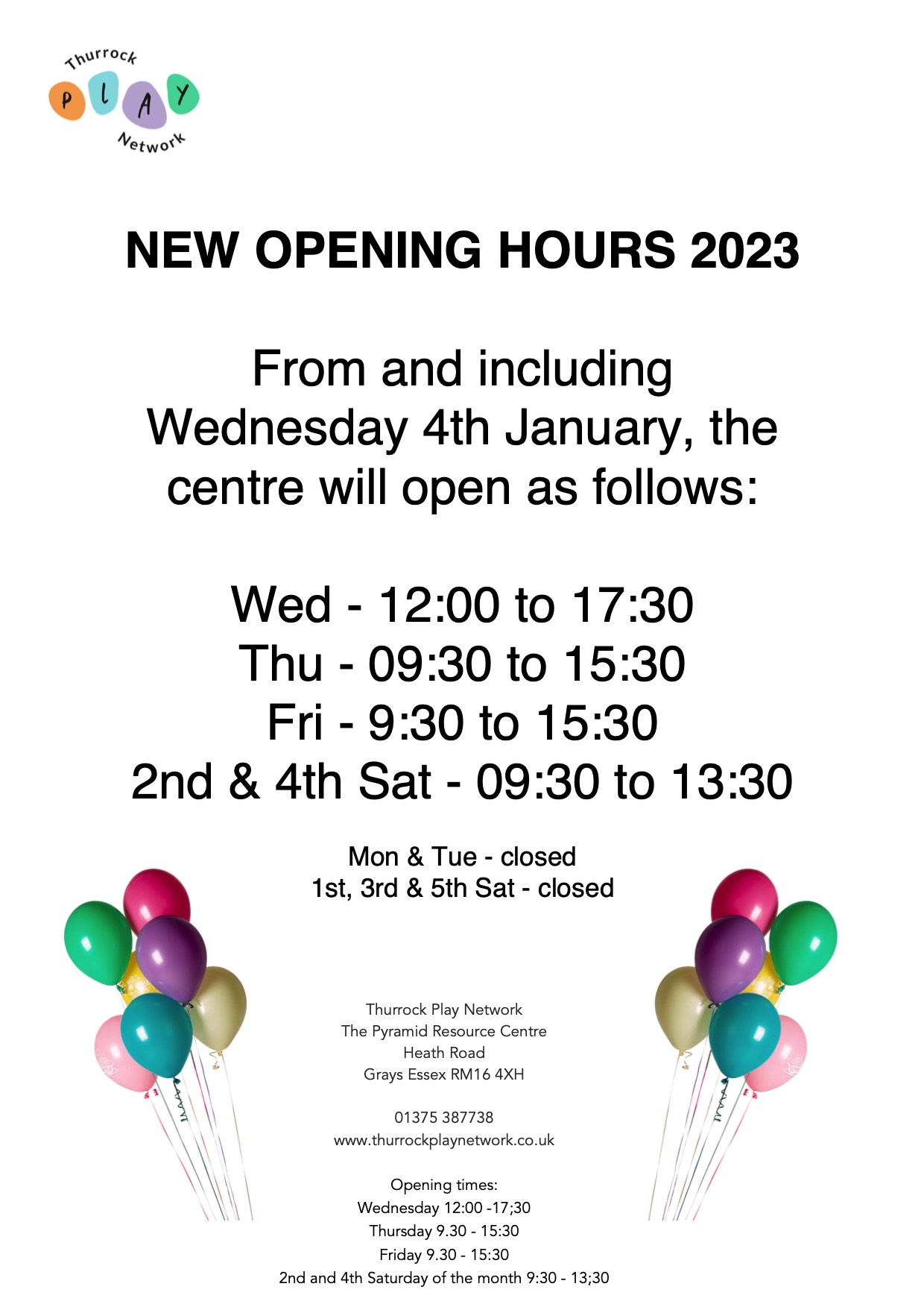 Opening Hours 2023 Thurrock Play Network